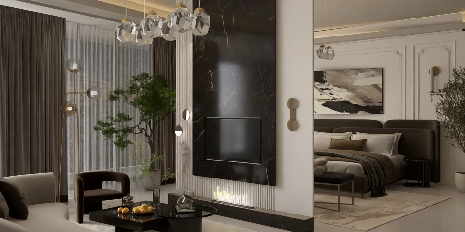 living room featuring elegant black marble accent wall and modern furniture, designed with a luxurious contemporary style, showcasing interior decor design concepts in Homestyler with 3D rendering capabilities.