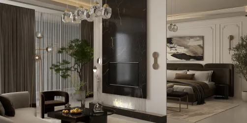 living room featuring elegant black marble accent wall and modern furniture, designed with a luxurious contemporary style, showcasing interior decor design concepts in Homestyler with 3D rendering capabilities.