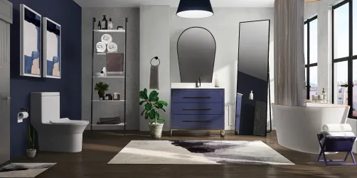 Navy industrial modern bathroom 