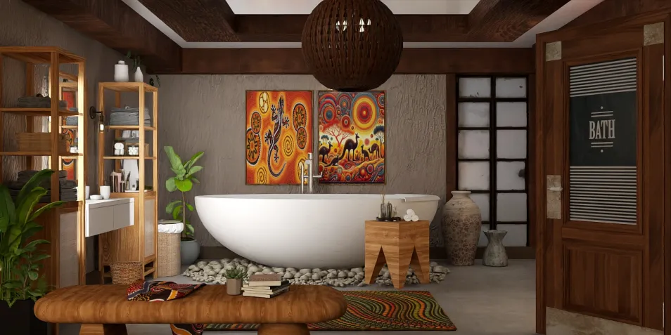 A modern bathroom showcasing a freestanding bathtub surrounded by decorative stones, accented by vibrant artwork on the walls, designed in a contemporary rustic style, highlighting interior decor trends with the Homestyler's real-time 3D rendering feature.