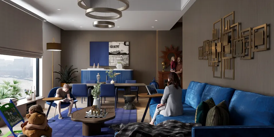 modern living room with playful elements, featuring a comfortable seating area and stylish decor, showcasing interior design using Homestyler's real-time 3D rendering for a family-friendly atmosphere.