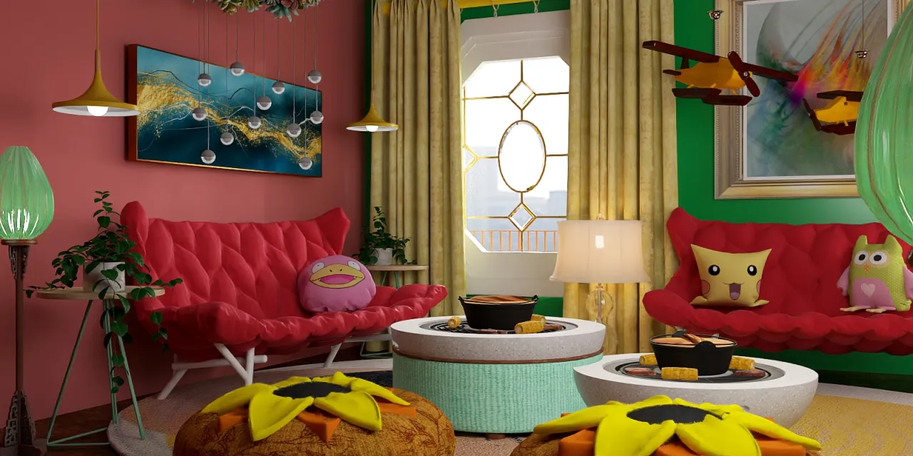 a living room with a red couch and a pink table 