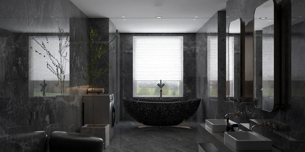a large bathroom with a large tub and a large window 