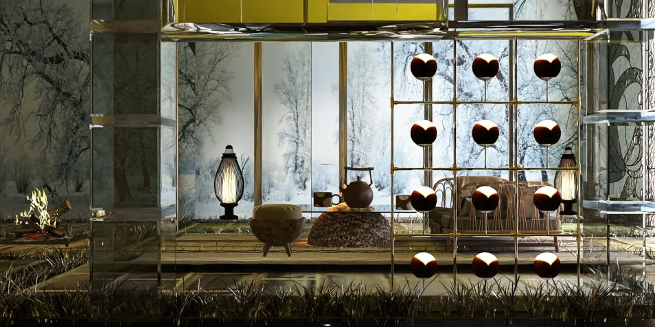 a modern living room featuring artistic decor, enhancing ambiance with dynamic lighting and natural elements, designed for optimal interior aesthetics using Homestyler's real-time 3D rendering.