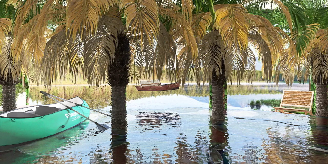 a bench in the middle of a lake with palm trees 