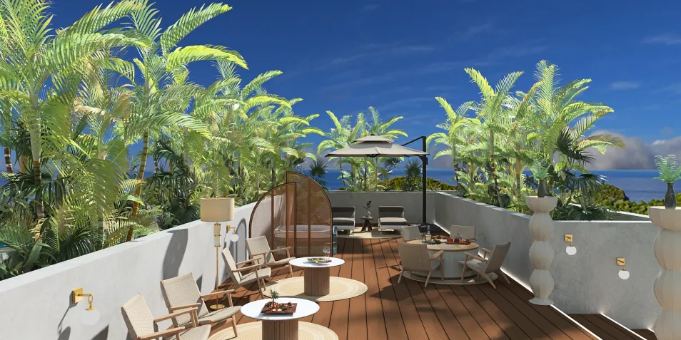 Rooftop terrace with tropical plants and outdoor furniture, showcasing a relaxing atmosphere in a coastal style, featuring Homestyler's real-time 3D rendering for accurate design previews.