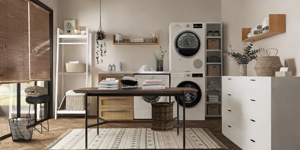 a kitchen with a refrigerator, sink, and a table 
