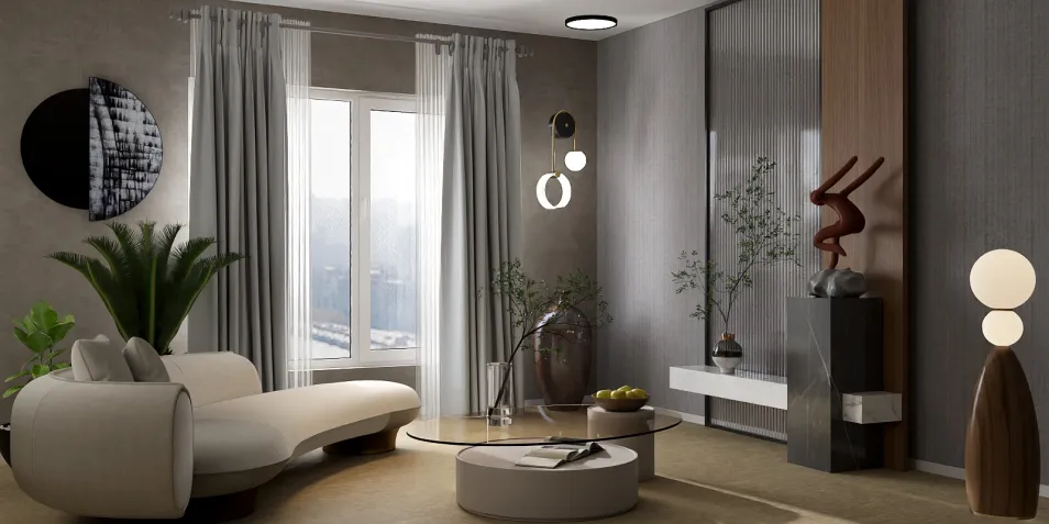 modern living room design featuring curved sofa and glass coffee table in contemporary style, showcasing interior decor with real-time 3D rendering capabilities of Homestyler.