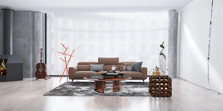 a living room with a couch, chair, and table 