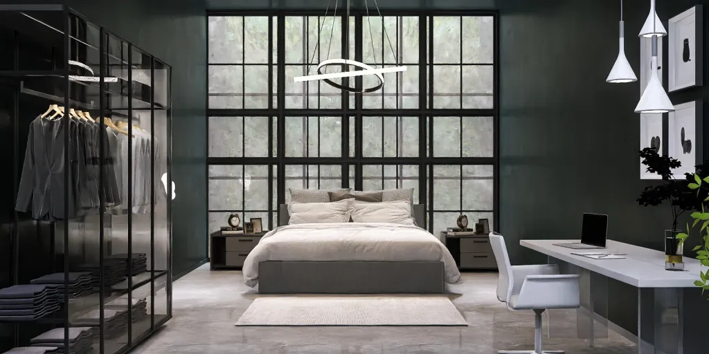 a large bed in a room with a large window 