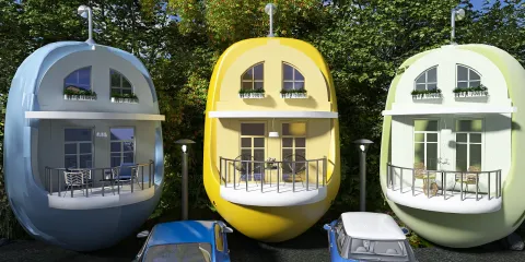 colorful 3D-designed modular houses showcasing unique architectural styles and modern aesthetics, highlighting space optimization in small living environments using Homestyler's real-time 3D rendering feature.