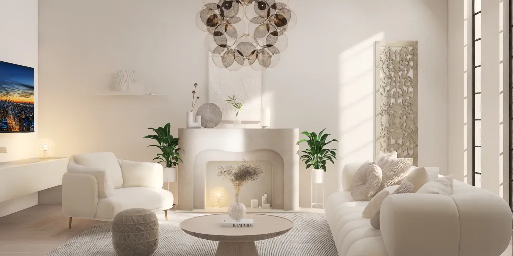 a living room with a white couch and a table 