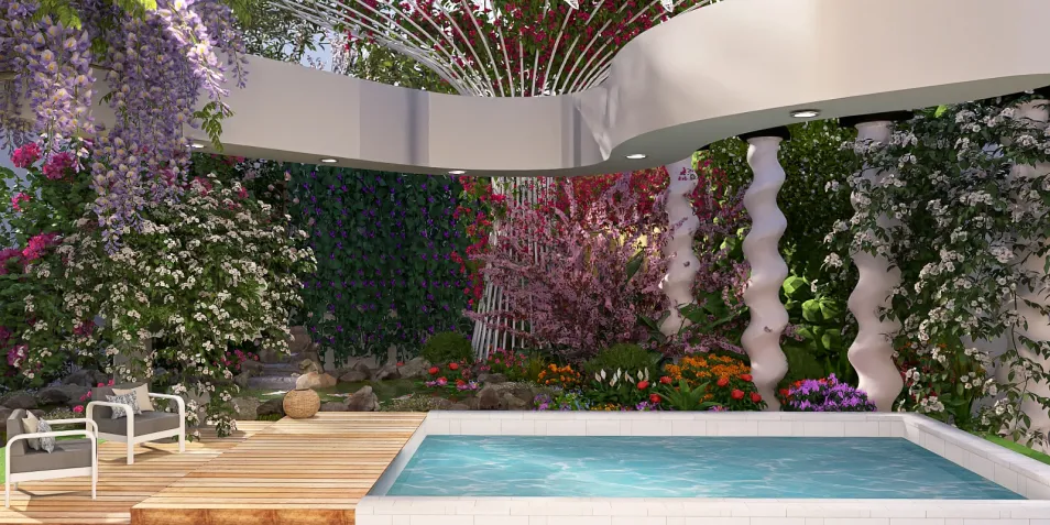 outdoor pool area with lush floral landscaping showcasing a modern design style perfect for garden relaxation, utilizing Homestyler's real-time 3D rendering feature.