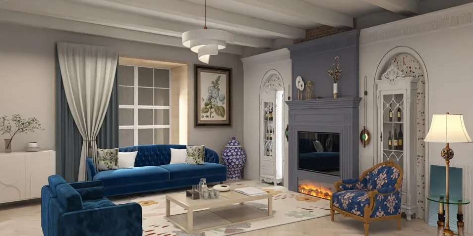 blue sofa designed for a modern living room with cozy ambiance, featuring stylish decor and an elegant layout, showcasing Homestyler's real-time 3D rendering for interior design optimization.