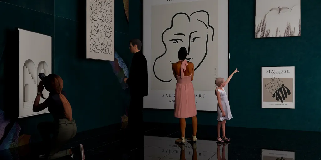 a woman standing next to a wall with a painting on it 