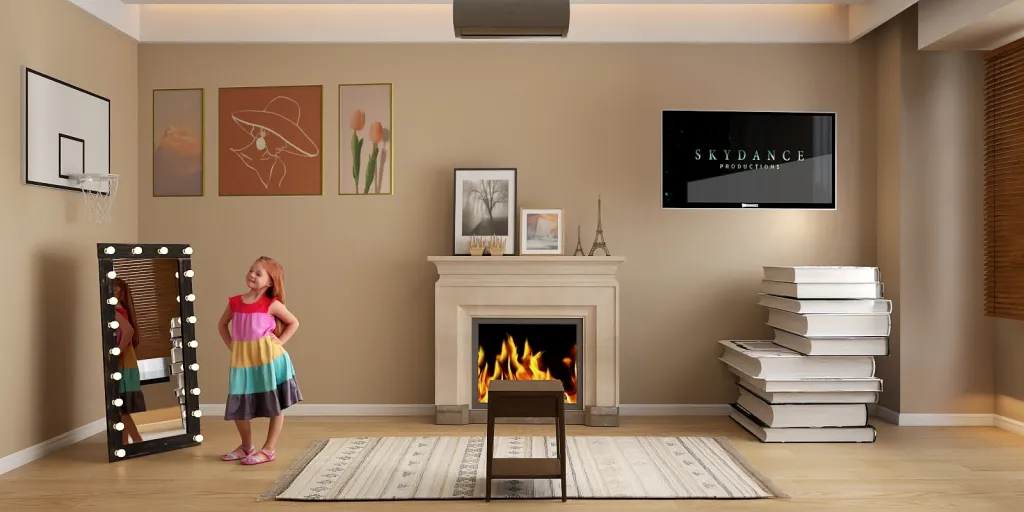 a woman standing in front of a fireplace in a living room 