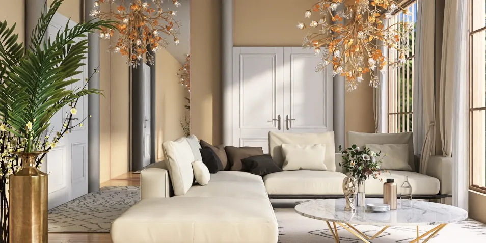 modern living room featuring stylish white sofas arranged elegantly with intricate chandeliers, showcasing contemporary interior design aesthetics using Homestyler's real-time 3D rendering functionality.