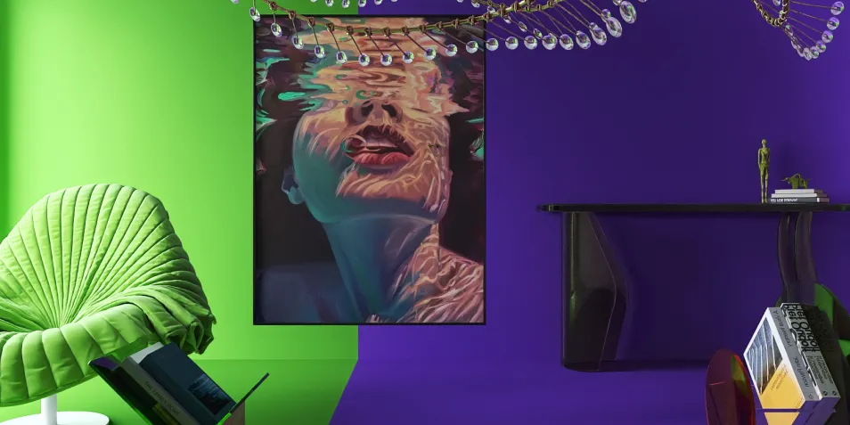 vibrant green and purple interior with a modern chair and artistic wall art featuring a reflective surface, showcasing interior design creativity with Homestyler's 3D rendering feature for a unique living space.