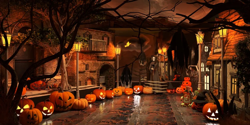 Halloween themed interior design showcasing carved pumpkins, spooky decorations, and eerie lighting, utilizing Homestyler's real-time 3D rendering feature for immersive effects.