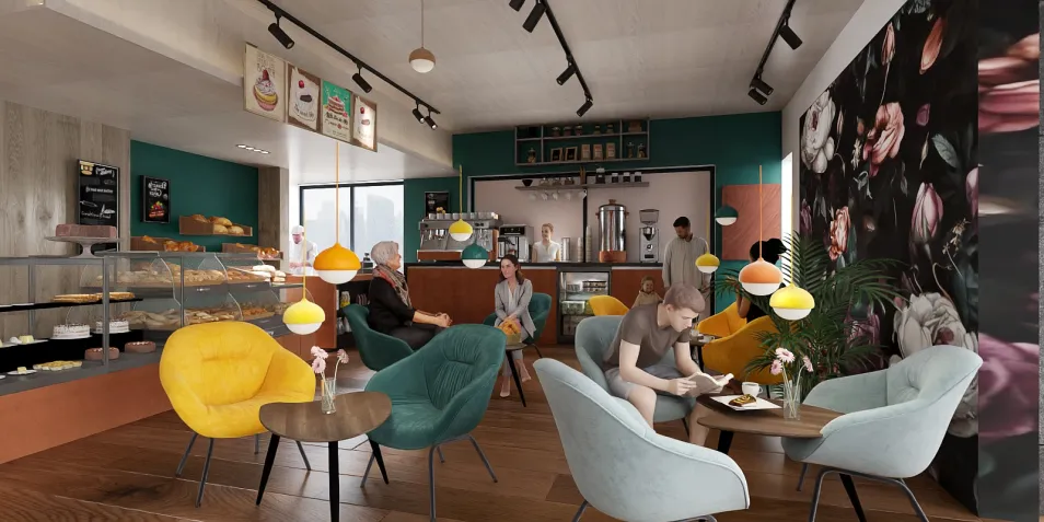 cozy cafe interior featuring vibrant seating arrangements and a floral accent wall, showcasing a modern design style that enhances social interaction, utilizing Homestyler's real-time 3D rendering for an effective design proposal.
