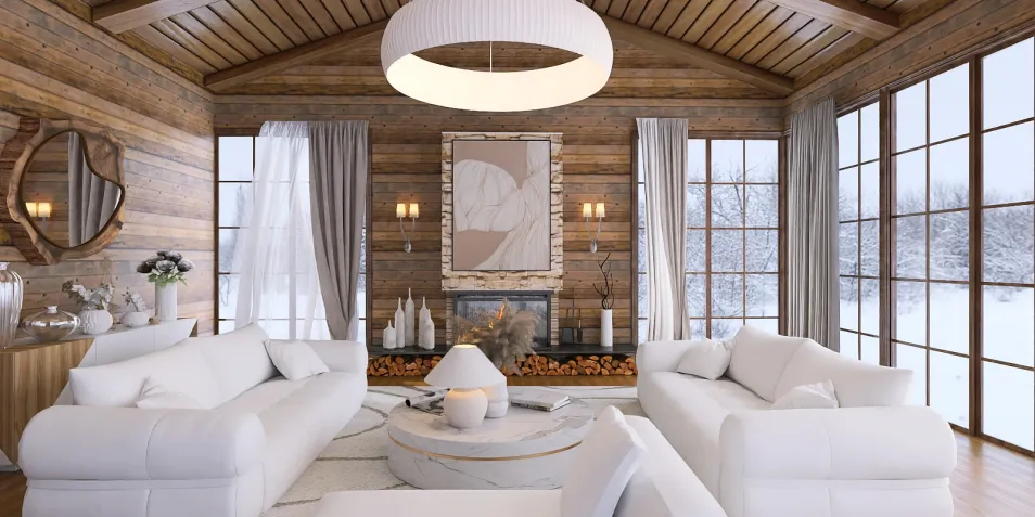 modern living room with white sofas and wooden accents, showcasing a cozy design style, featuring Homestyler's real-time 3D rendering for accurate interior visualization.