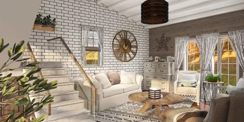 Farmhouse Beach Living Room W/ Staircase