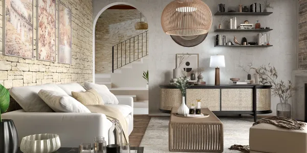 modern living room featuring a cozy sofa and stylish coffee table with a natural aesthetic, showcasing elegant decor; optimized with Homestyler's real-time 3D rendering for accurate design preview.