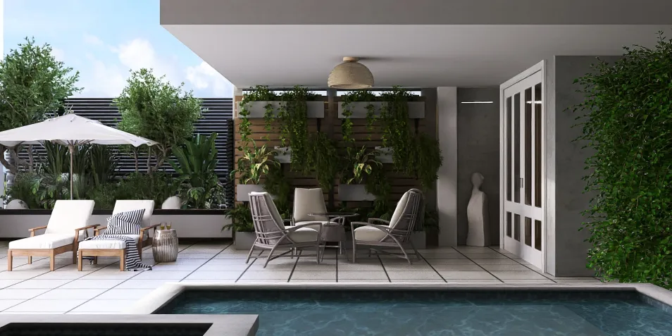 outdoor lounging area featuring comfortable chairs and a table, designed in a modern style with greenery, showcasing a homestyler feature of smart furniture arrangement for optimized space.