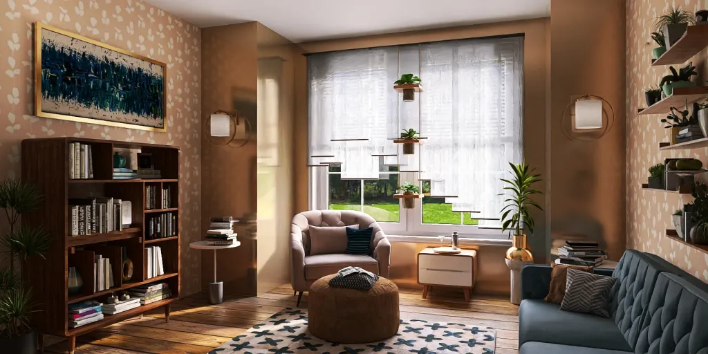 a living room with a couch, chair, and a window 