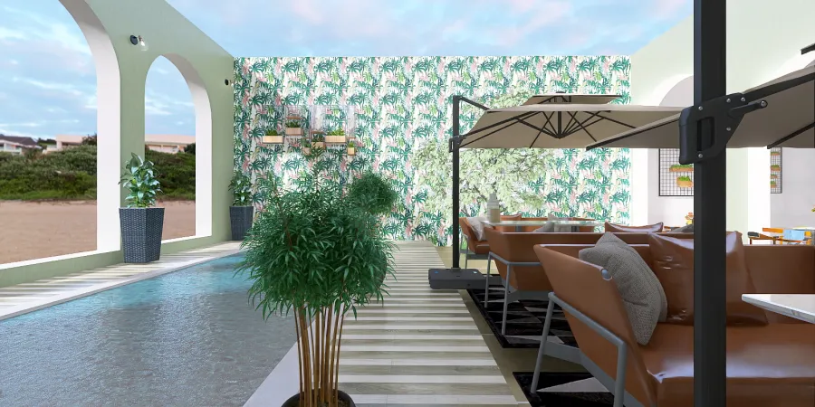 a patio area with a balcony and a table with umbrellas 