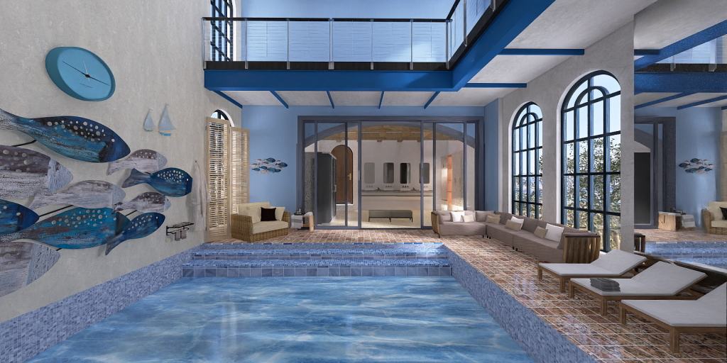 a large room with a large pool and a large clock 