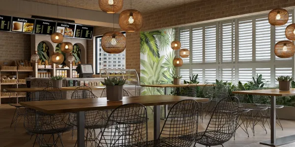 cozy dining space featuring woven pendant lights and greenery accents, emphasizing a modern interior decor style; includes Homestyler's real-time 3D rendering for design previews.