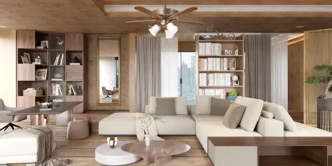 Modern living room featuring a spacious sectional sofa arrangement, designed with a contemporary style, enhancing comfort and relaxation, showcasing Homestyler's real-time 3D rendering capability.