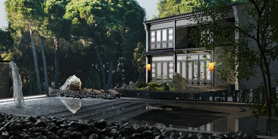 modern house exterior design with water feature and landscaping enhancing outdoor space value using Homestyler's real-time 3D rendering functionality