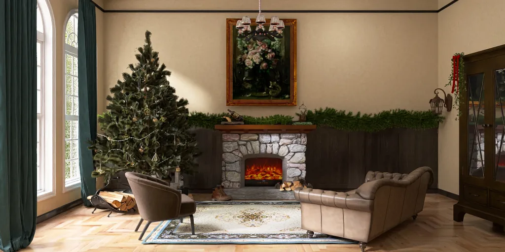 a living room with a fireplace and a christmas tree 