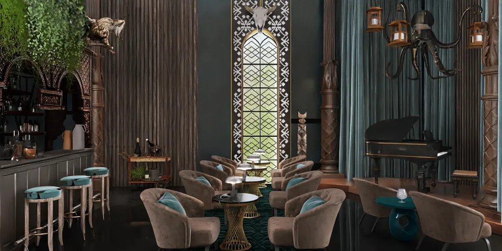 a large room with a large window and a large table 