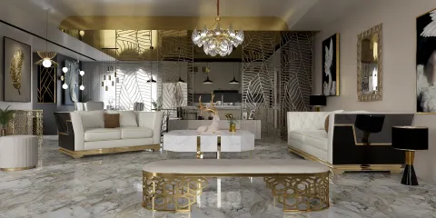 luxurious living room showcasing elegant furniture arrangement with a modern style, emphasizing the spacious layout and incorporating Homestyler's real-time 3D rendering feature for instant design previews.