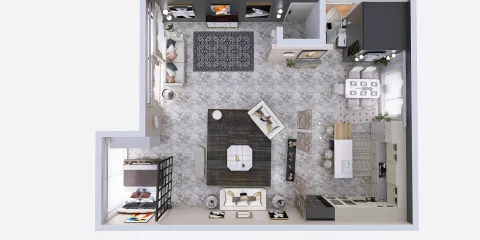 Overhead view of a modern living room design with smart furniture arrangement showcasing space optimization. Featuring a stylish blend of contemporary decor and functional layout, highlighting Homestyler's real-time 3D rendering capabilities.