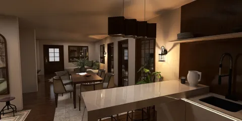 Modern open-concept living room and kitchen featuring seamless integration of dining and lounging areas, showcasing a blend of contemporary and cozy styles; designed using Homestyler's real-time 3D rendering for accurate effect visualization.