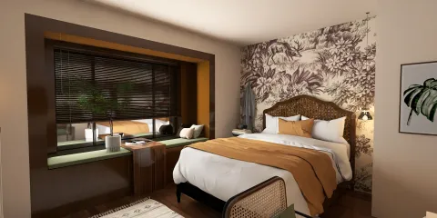 Cozy bedroom featuring a beautifully designed floral wallpaper and natural light through a window, showcasing a modern interior decor style that optimizes space. Utilizes Homestyler's real-time 3D rendering feature for an accurate room preview.