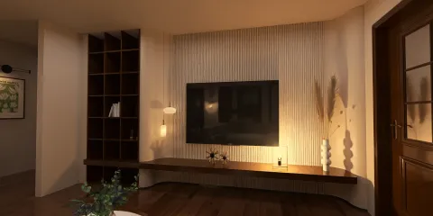 Living room featuring a modern TV wall design with textured panels and ambient lighting, optimizing interior decor with a focus on cozy space aesthetics; utilizing Homestyler's real-time 3D rendering for enhanced visual presentation.