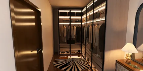 A modern dressing room featuring a spacious wardrobe design with integrated lighting, showcasing an organized arrangement of clothing and accessories, enhancing storage efficiency in interior design; utilizing Homestyler's real-time 3D rendering for an immersive preview.