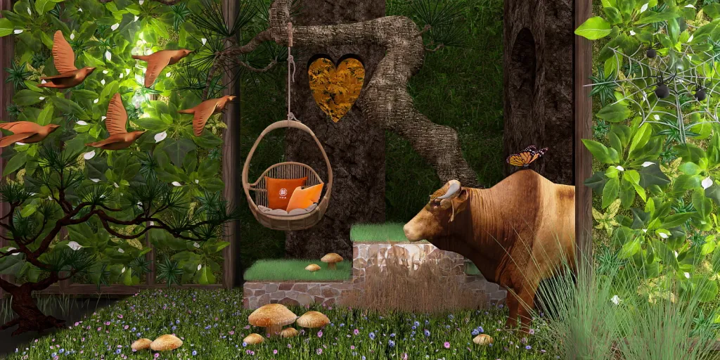 a cow is sitting in a tree with a stuffed animal 