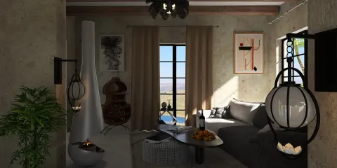 cozy living room with modern furniture arrangement in rustic style creating a warm atmosphere; featuring Homestyler's real-time 3D rendering for design proposal display.