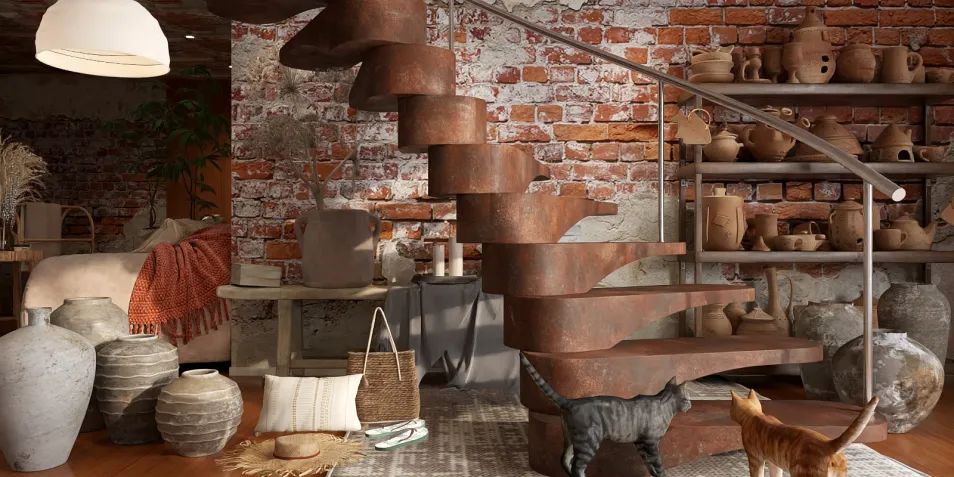 spiral staircase design featuring rustic materials and decorative pottery in a warm, eclectic style, showcasing Homestyler's real-time 3D rendering feature.
