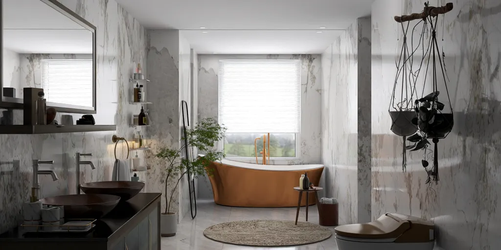 a large bathroom with a large window and a large sink 