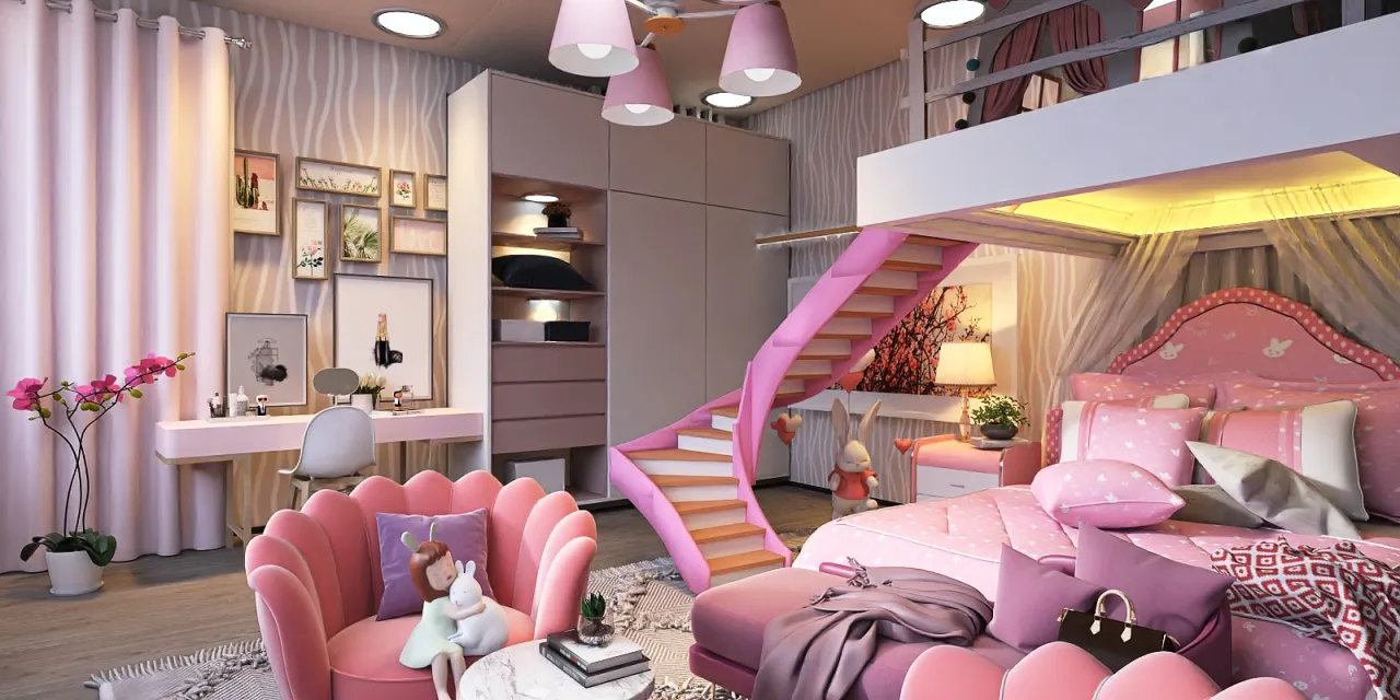 a room with a pink bed and a pink chair 