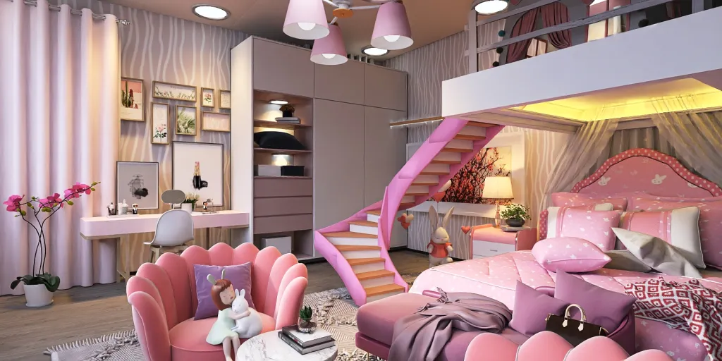 a room with a pink bed and a pink chair 