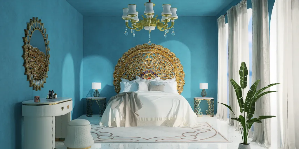 a bed with a white bedspread and a blue wall 
