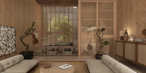 modern living room with minimalist furniture and wooden decor creating a calming atmosphere, featuring smart furniture arrangement for small spaces using Homestyler’s intelligent design tools.